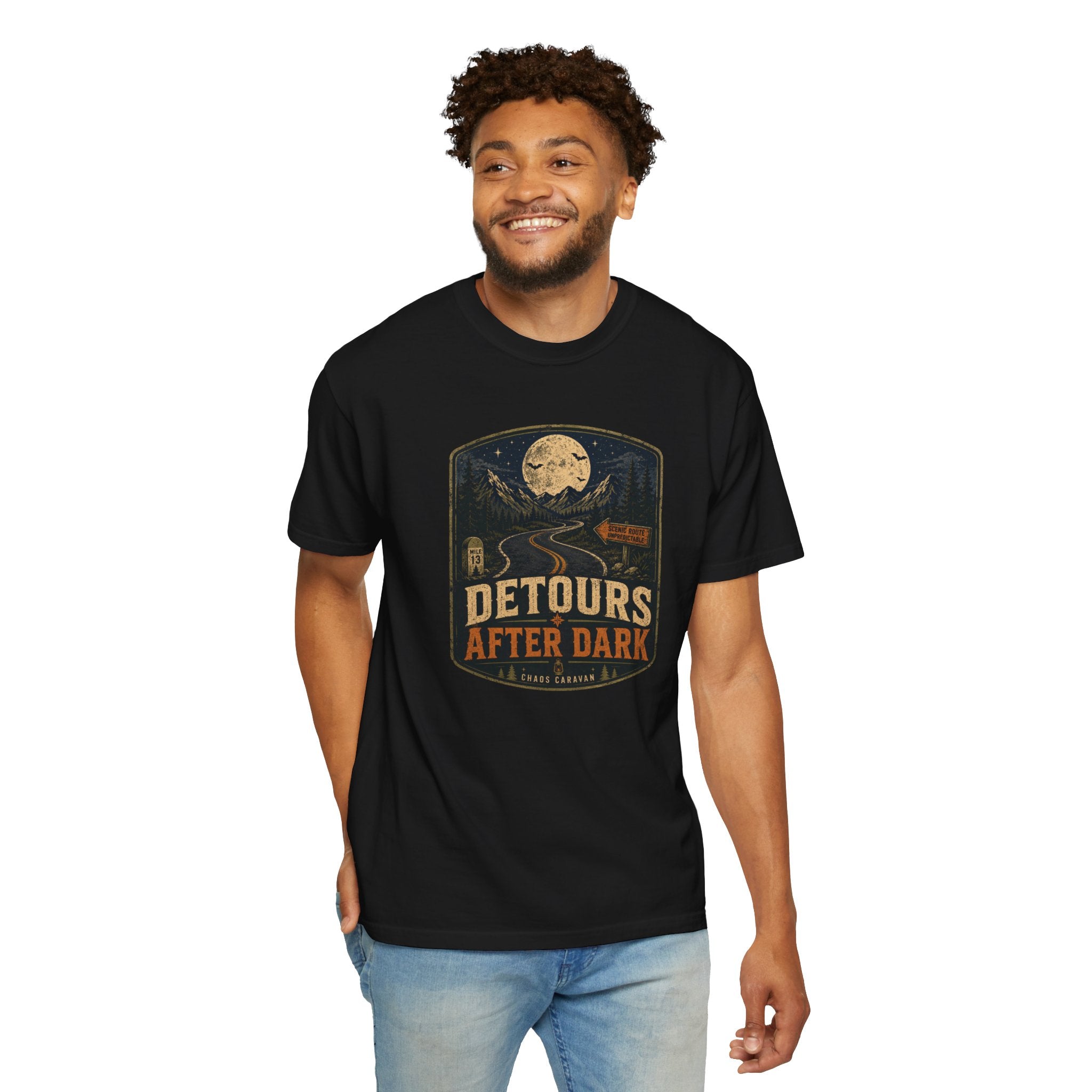 Detours After Dark Graphic T-Shirt — Vintage Moonlit Road Adventure Halloween Tee