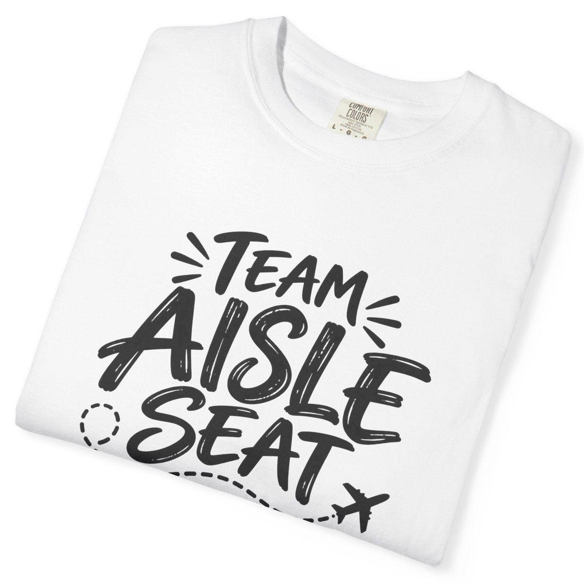 White t-shirt with a lion graphic and 'Team Aisle Seat' text on a white background