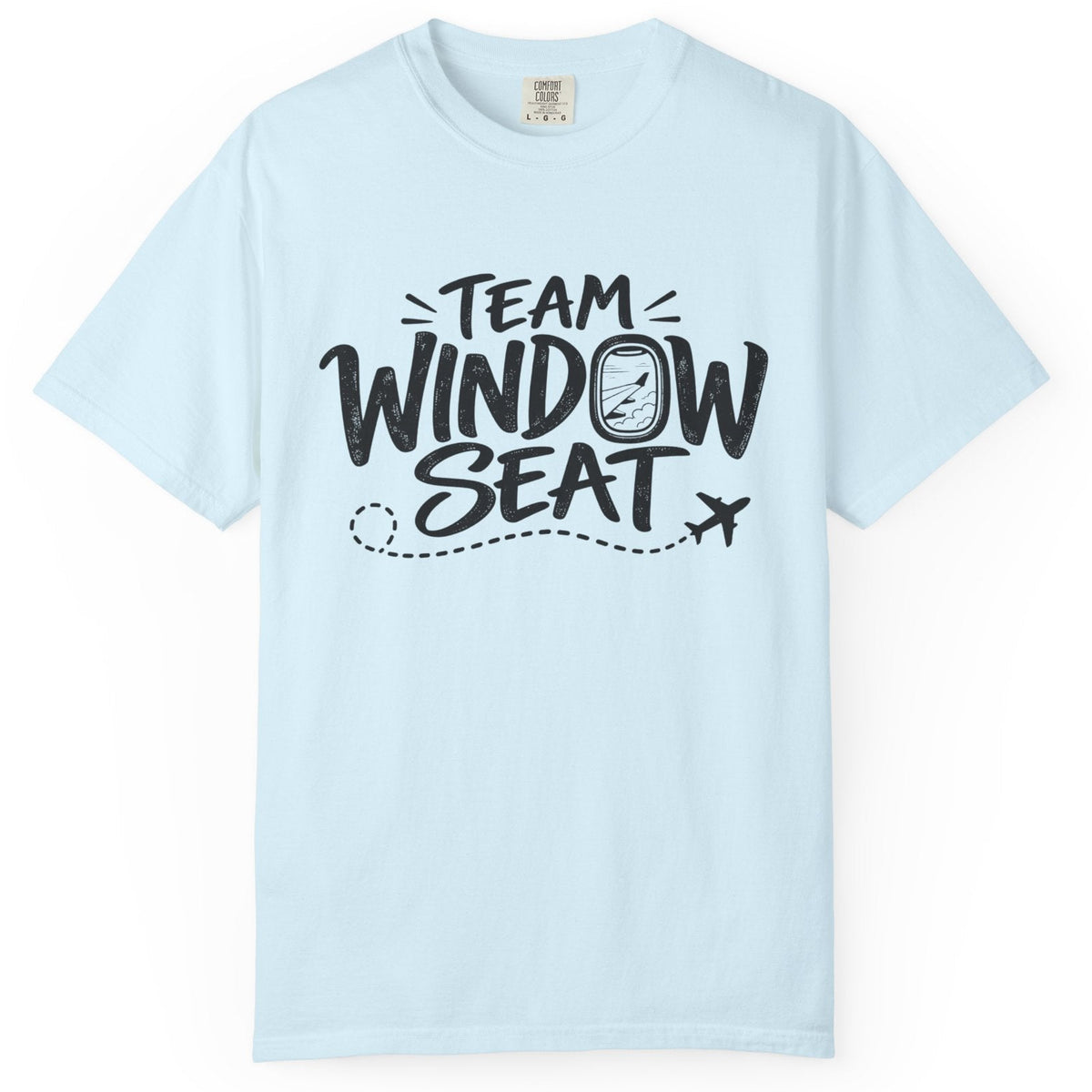 A light blue crewneck t-shirt with a black graphic print reading 'TEAM WINDOW SEAT' on the chest, displayed flat against a white background.