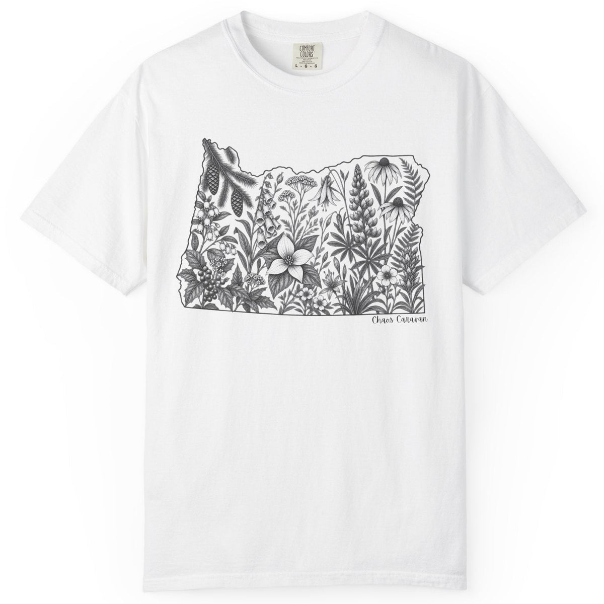 A white short-sleeve crewneck t-shirt featuring a black and white graphic of the Oregon state silhouette filled with dense tropical foliage, photographed flat against a white background.