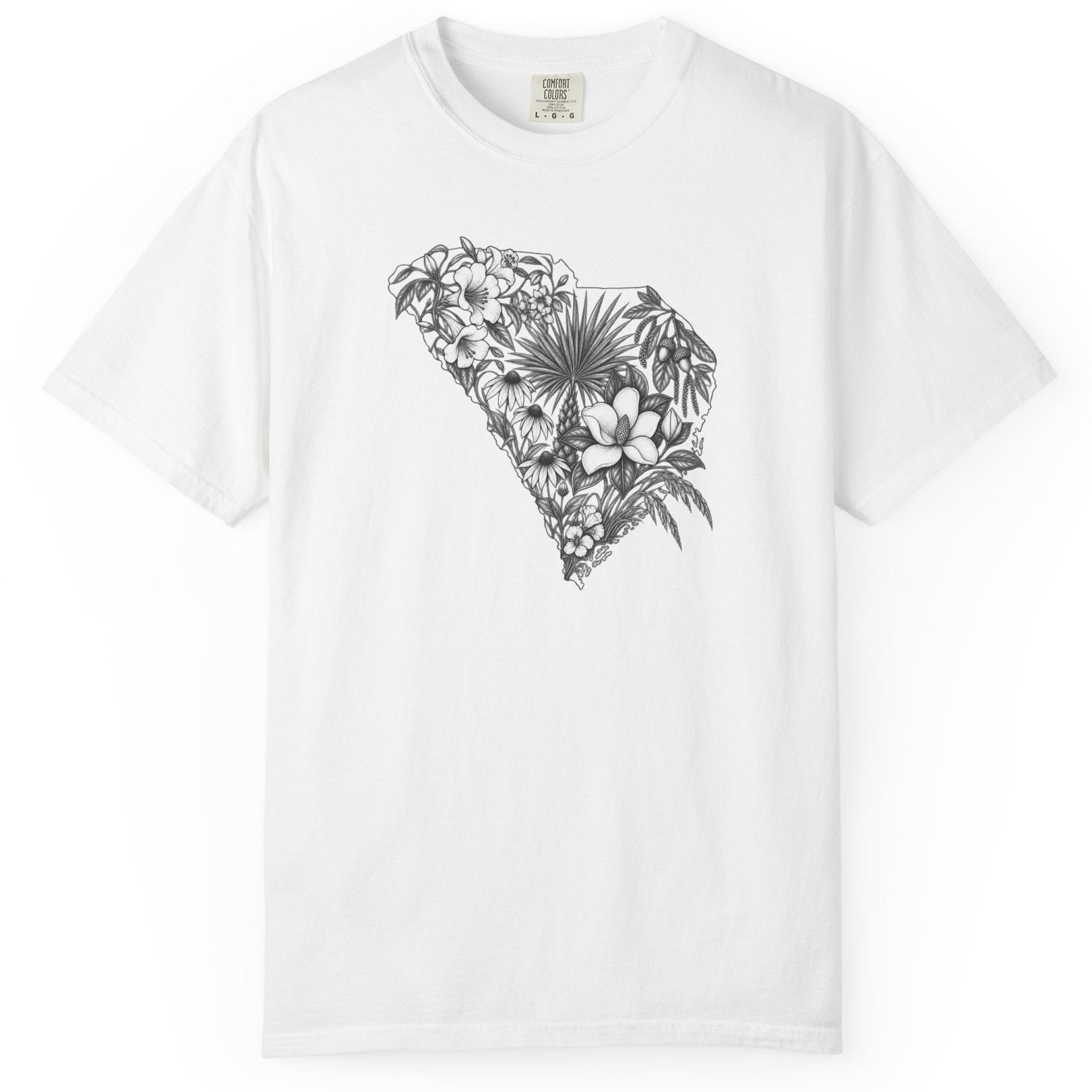 A white short-sleeve crewneck t-shirt featuring a black and gray tropical floral South Carolina graphic on the chest, displayed against a clean white background.