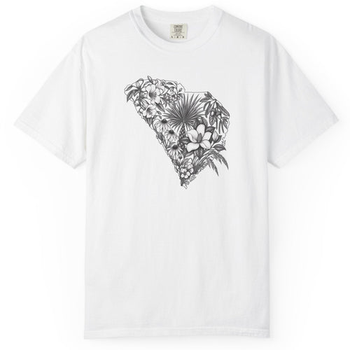 A white short-sleeve crewneck t-shirt featuring a black and gray tropical floral South Carolina graphic on the chest, displayed against a clean white background.
