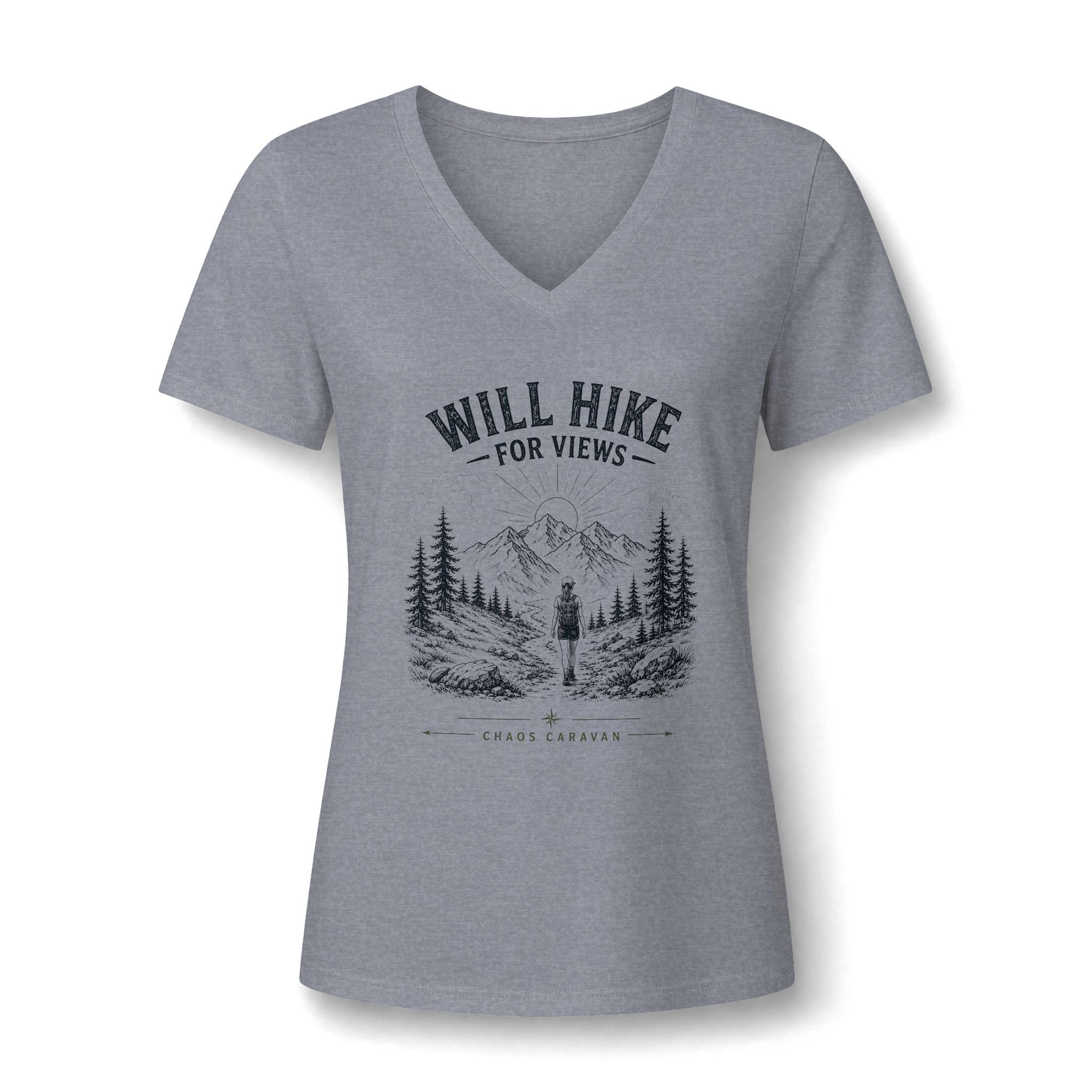 Will Hike For Views Graphic Tee | Hiking Mountain Forest V-Neck