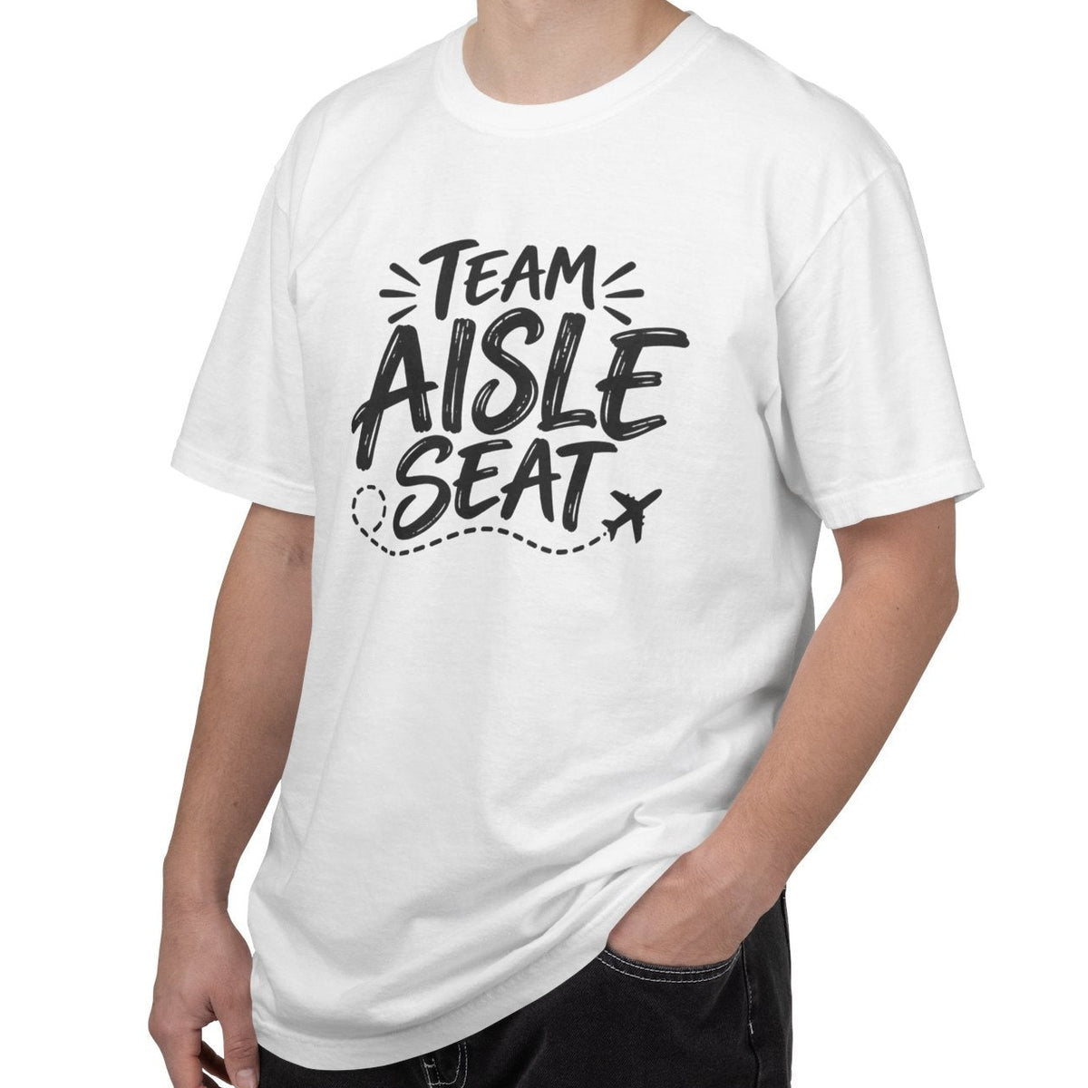 Man wearing a white t-shirt with 'Team Aisle Seat' graphic design on a white background