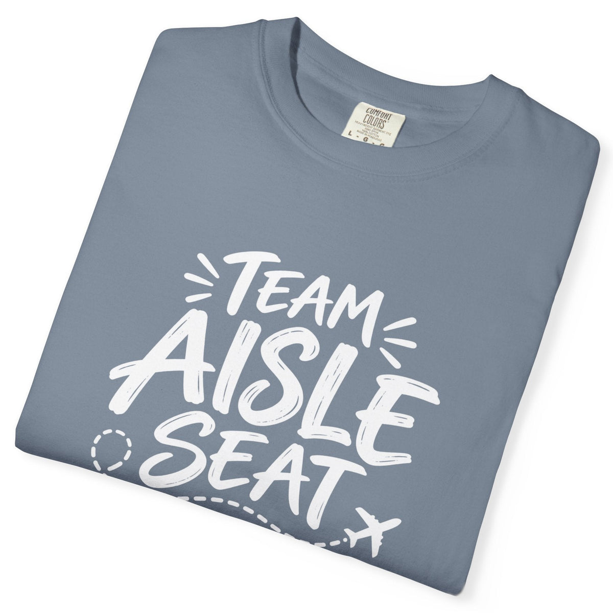 Blue t-shirt with a graphic design and 'TEAM AISLE SEAT' text on a white background