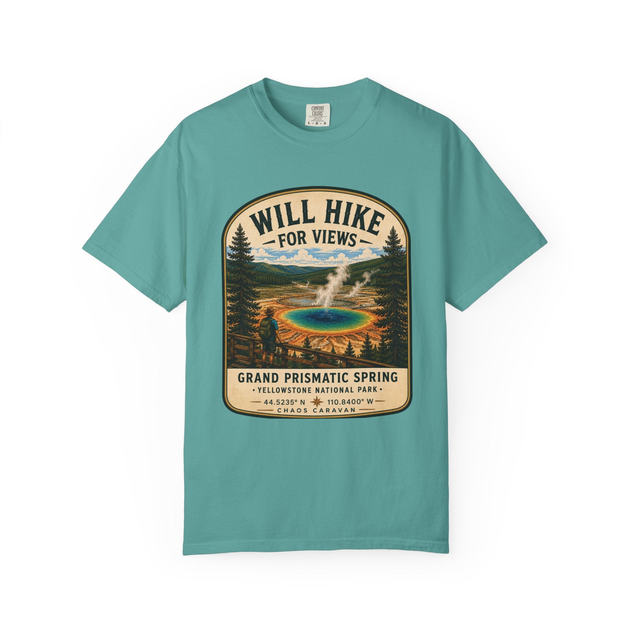 Grand Prismatic Spring T-Shirt — "Will Hike for Views" Adventure Tee