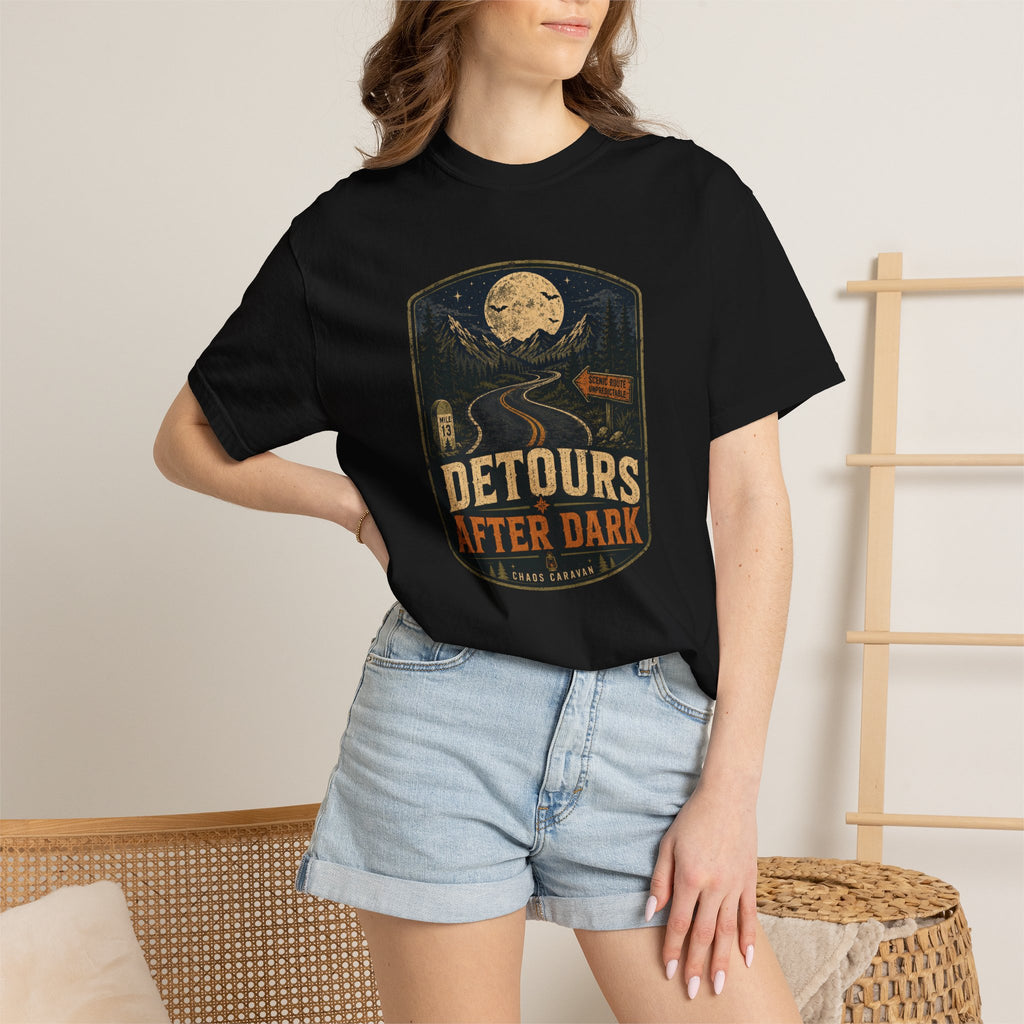 Detours After Dark Graphic T-Shirt — Vintage Moonlit Road Adventure Halloween Tee