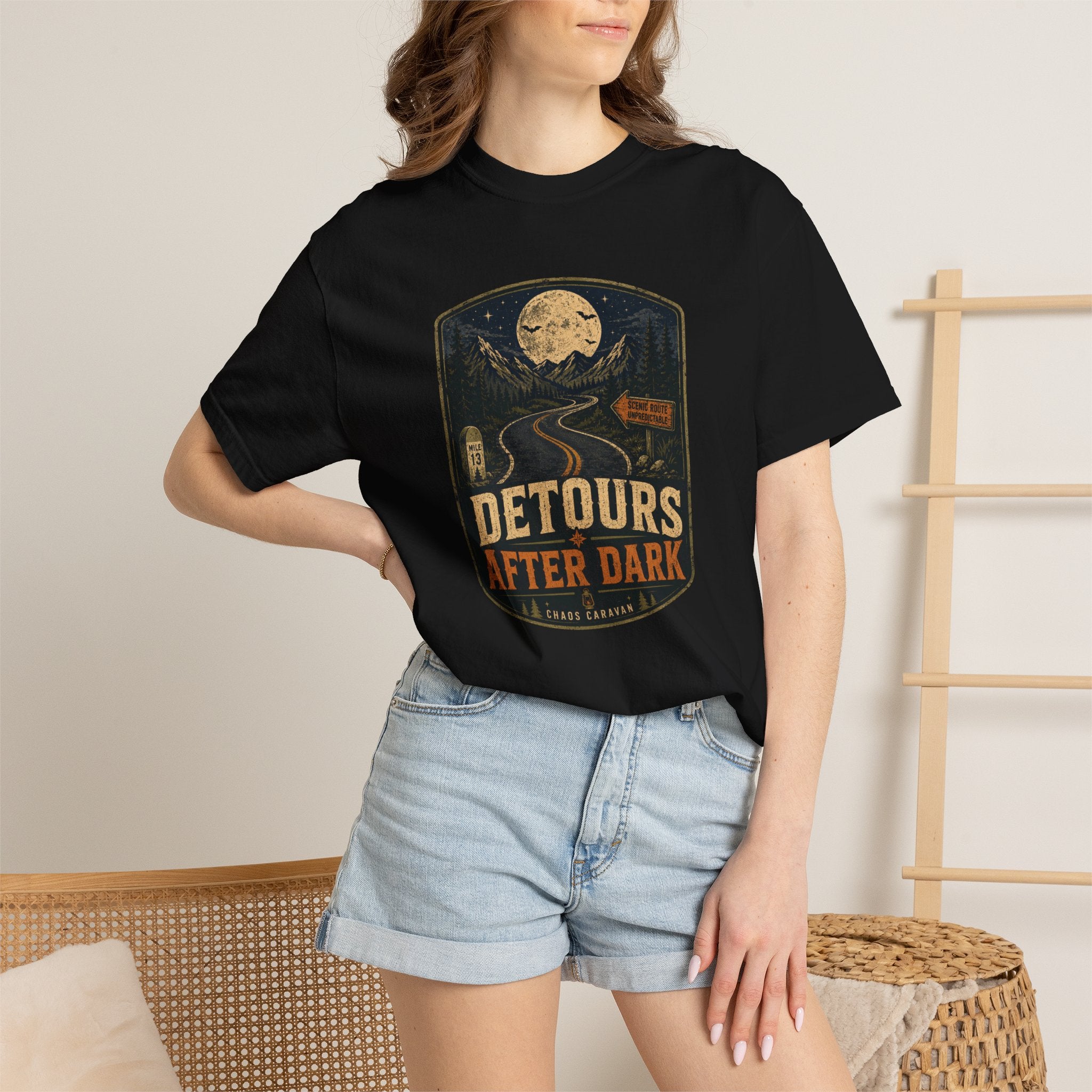 Detours After Dark Graphic T-Shirt — Vintage Moonlit Road Adventure Halloween Tee