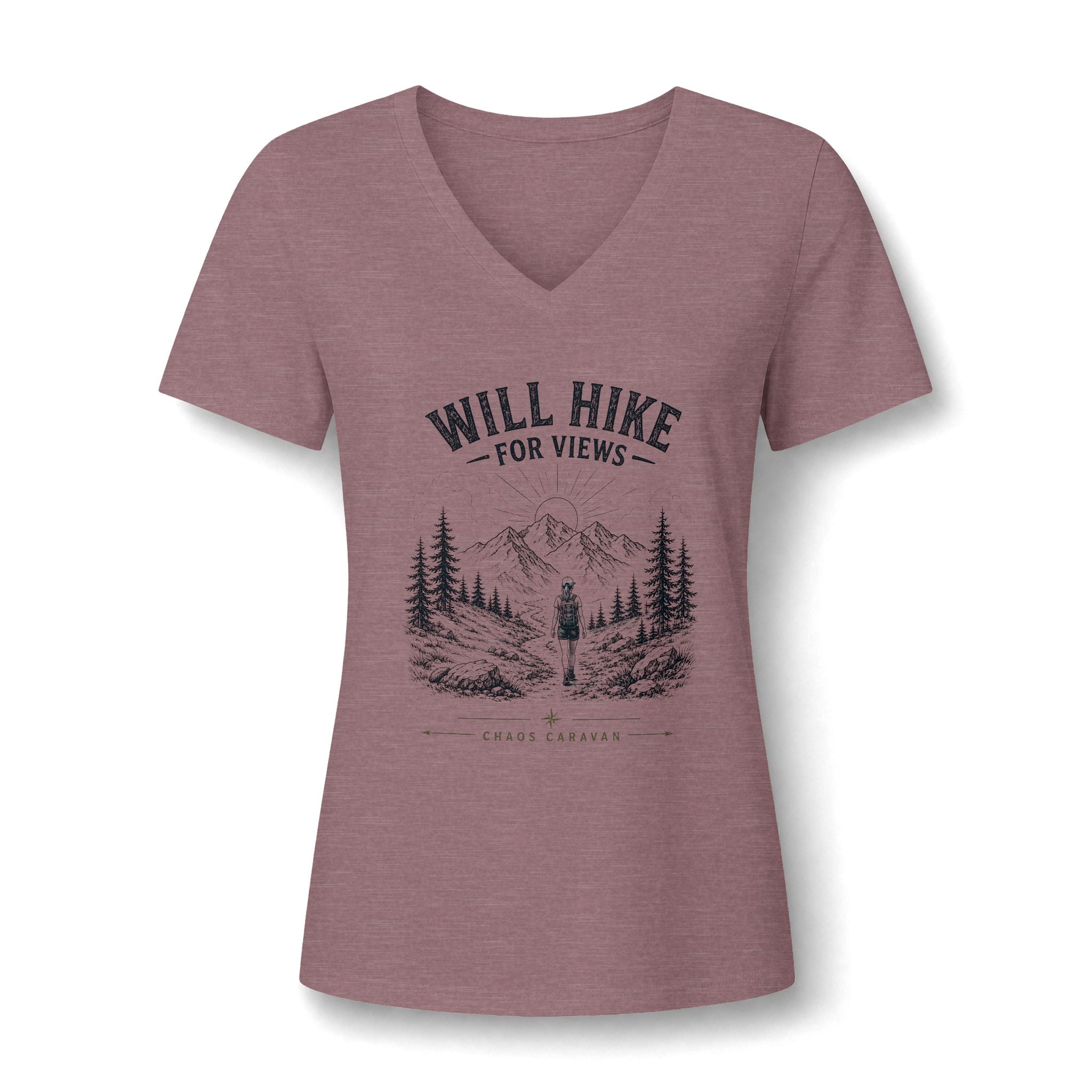 Will Hike For Views Graphic Tee | Hiking Mountain Forest V-Neck