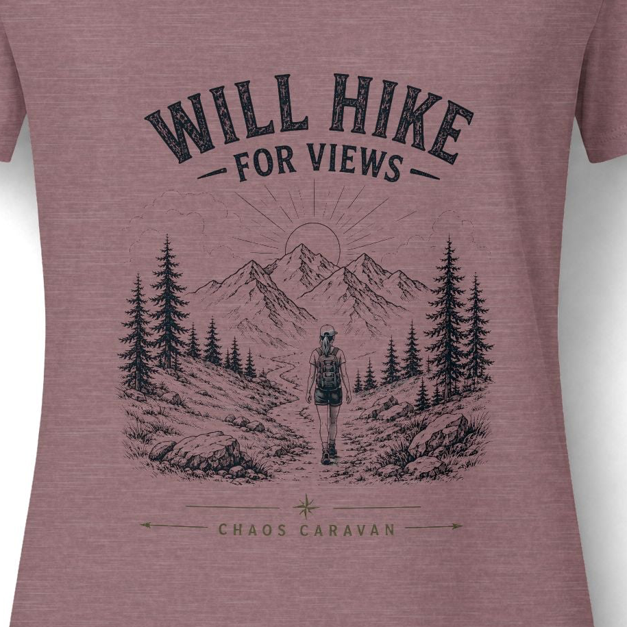Will Hike For Views Graphic Tee | Hiking Mountain Forest V-Neck