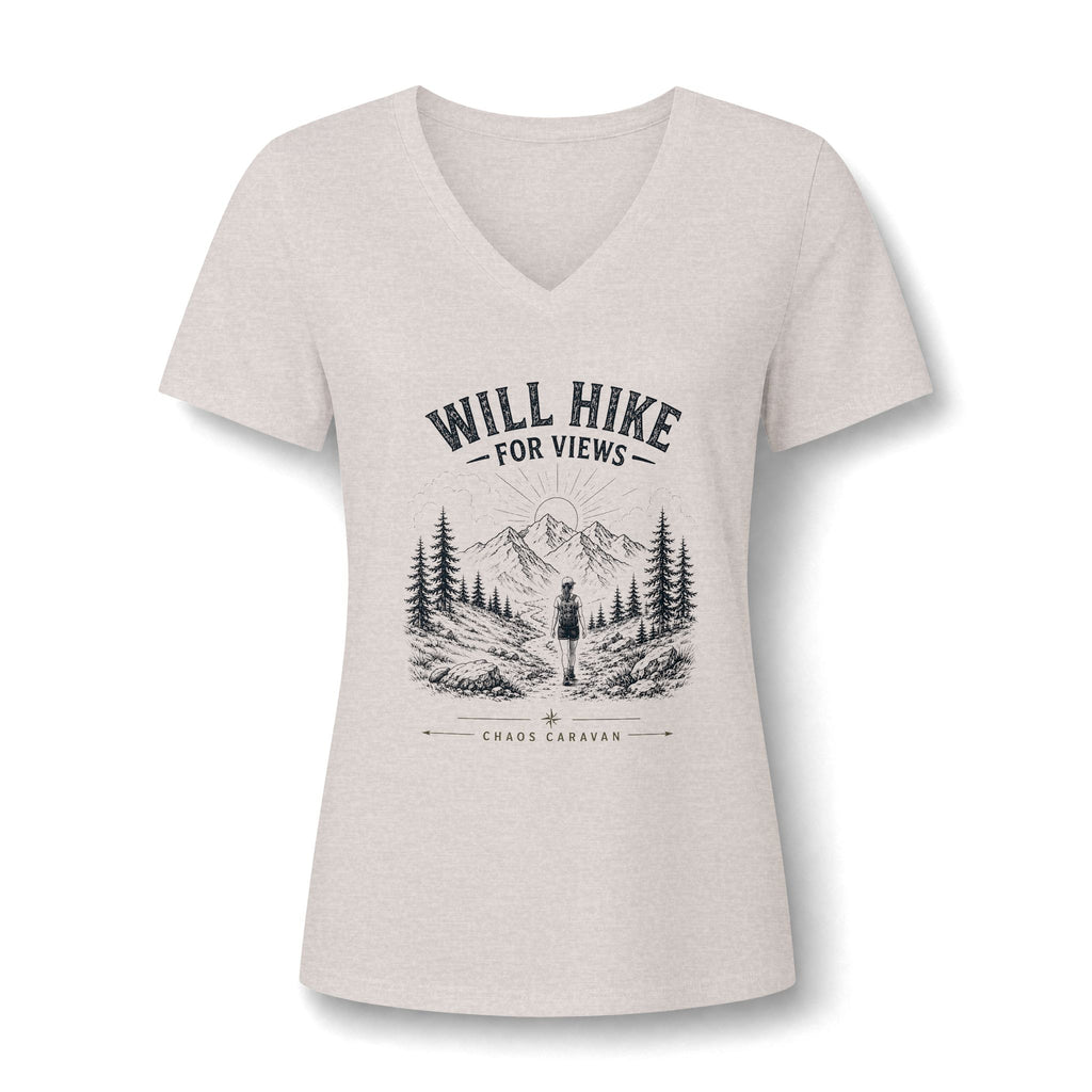 Will Hike For Views Graphic Tee | Hiking Mountain Forest V-Neck