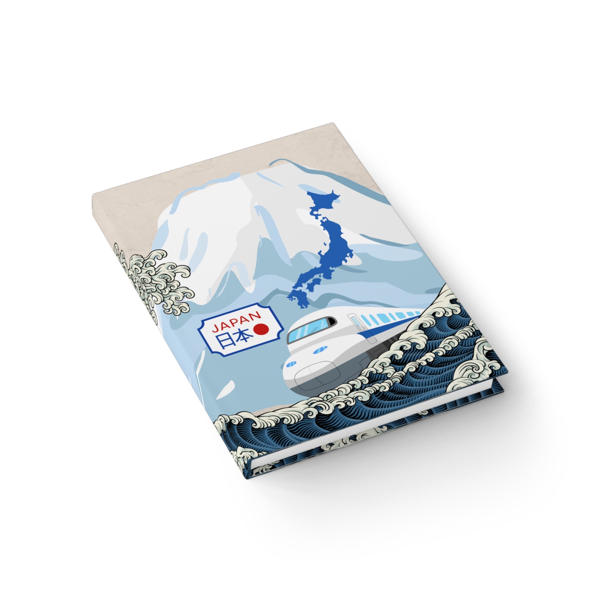 Notebook with Japanese design featuring a mountain, train, and 'Japan' text on a white background