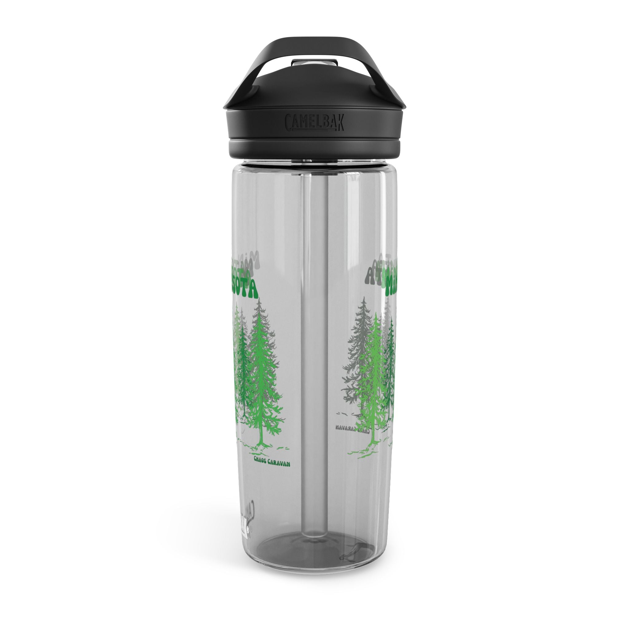 Clear water bottle with black lid featuring green tree graphics on a white background