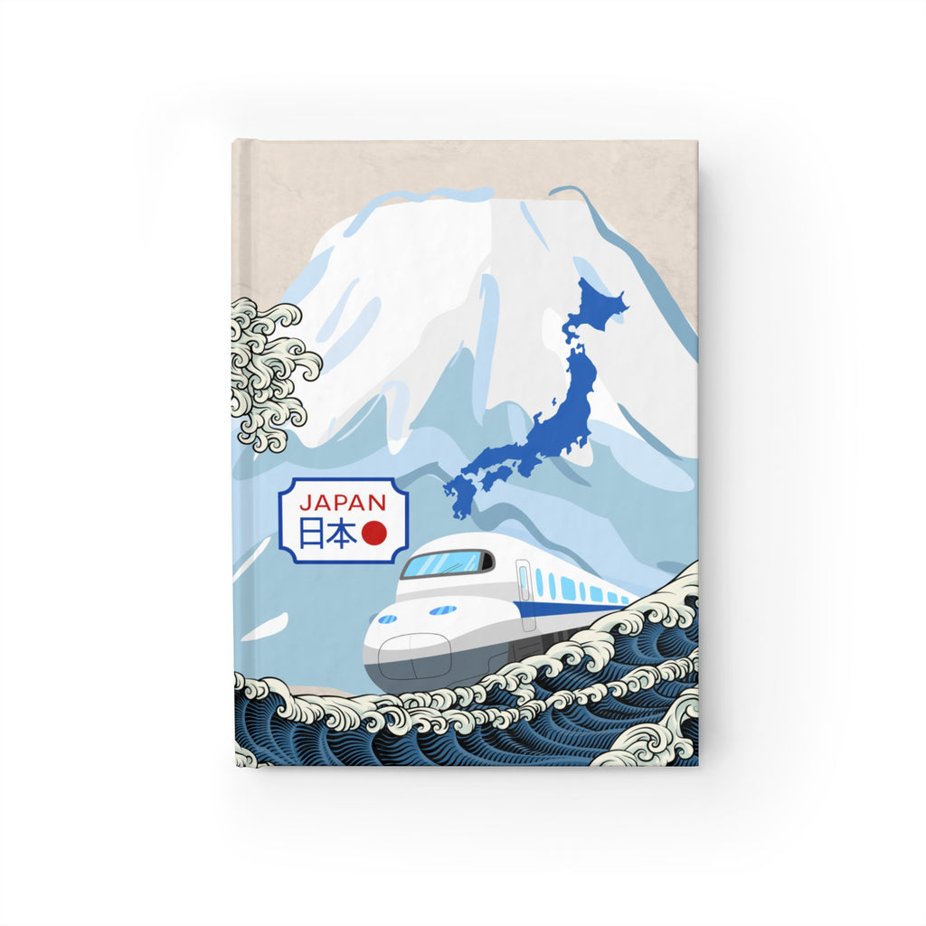 Notebook cover with a train, mountain, and wave design on a white background