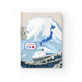 Notebook cover with a train, mountain, and wave design on a white background