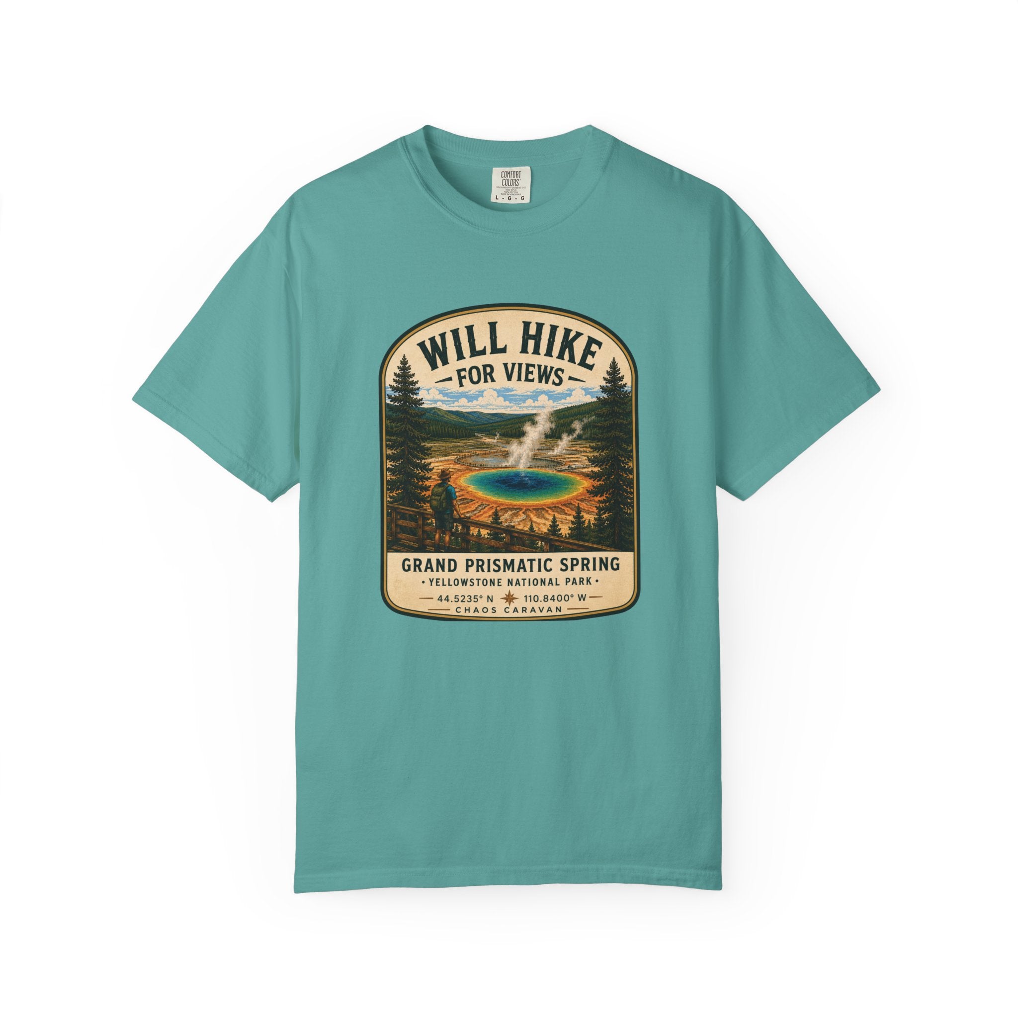 Grand Prismatic Spring T-Shirt — "Will Hike for Views" Adventure Tee