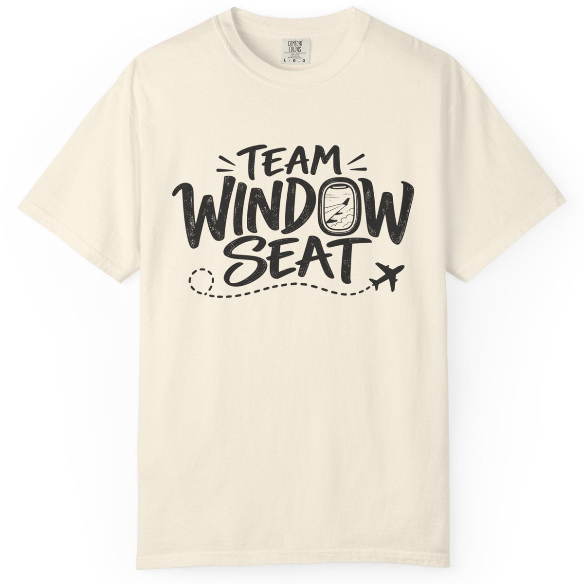 An off-white crewneck t-shirt with a black graphic print reading 'TEAM WINDOW SEAT' on the chest, displayed against a solid white background.