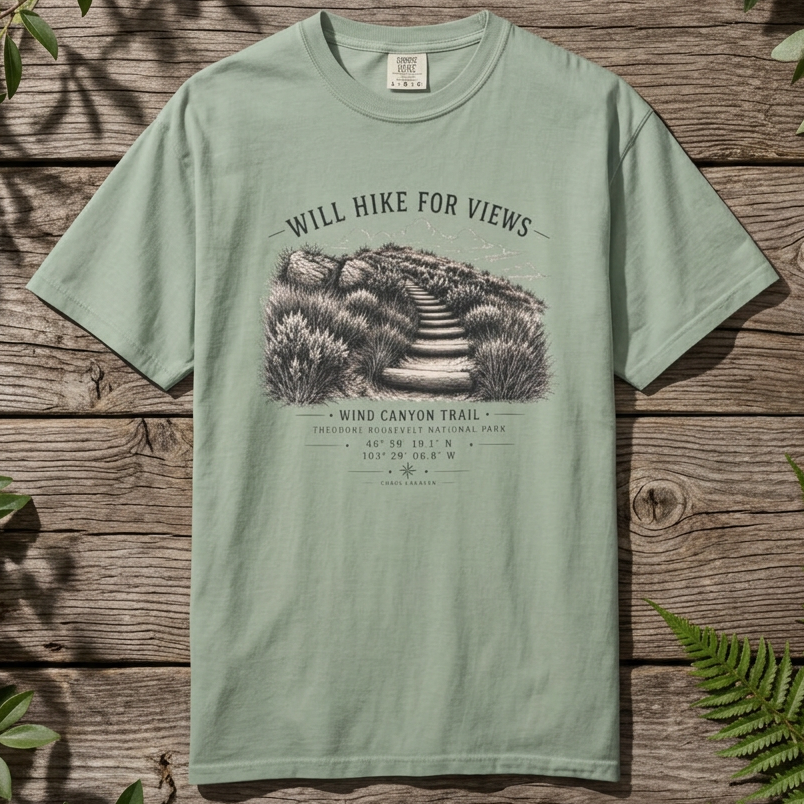 A sage green short-sleeve t-shirt with a black and white hiking graphic on the front, laid flat on a rustic wooden background with green leaves framing the edges.