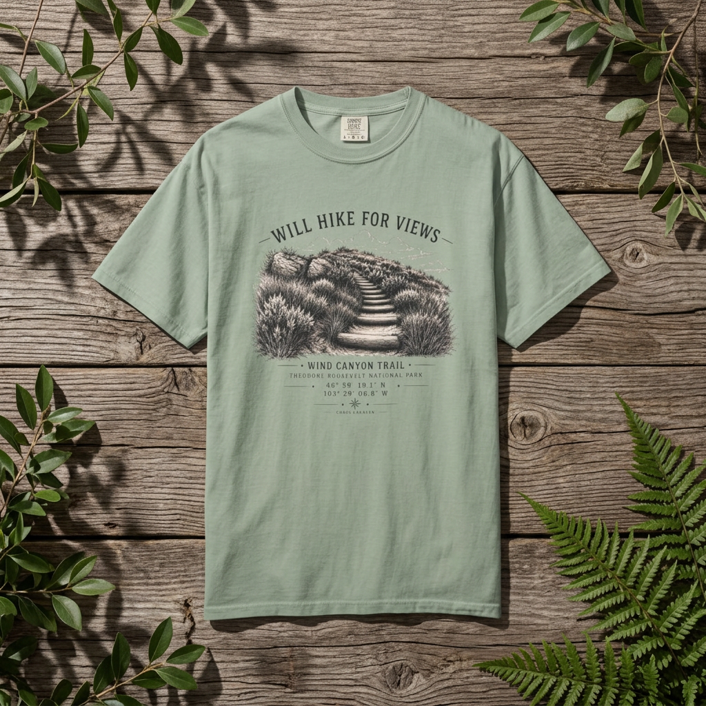 Will Hike For Views T-Shirt — Wind Canyon Trail Graphic Tee