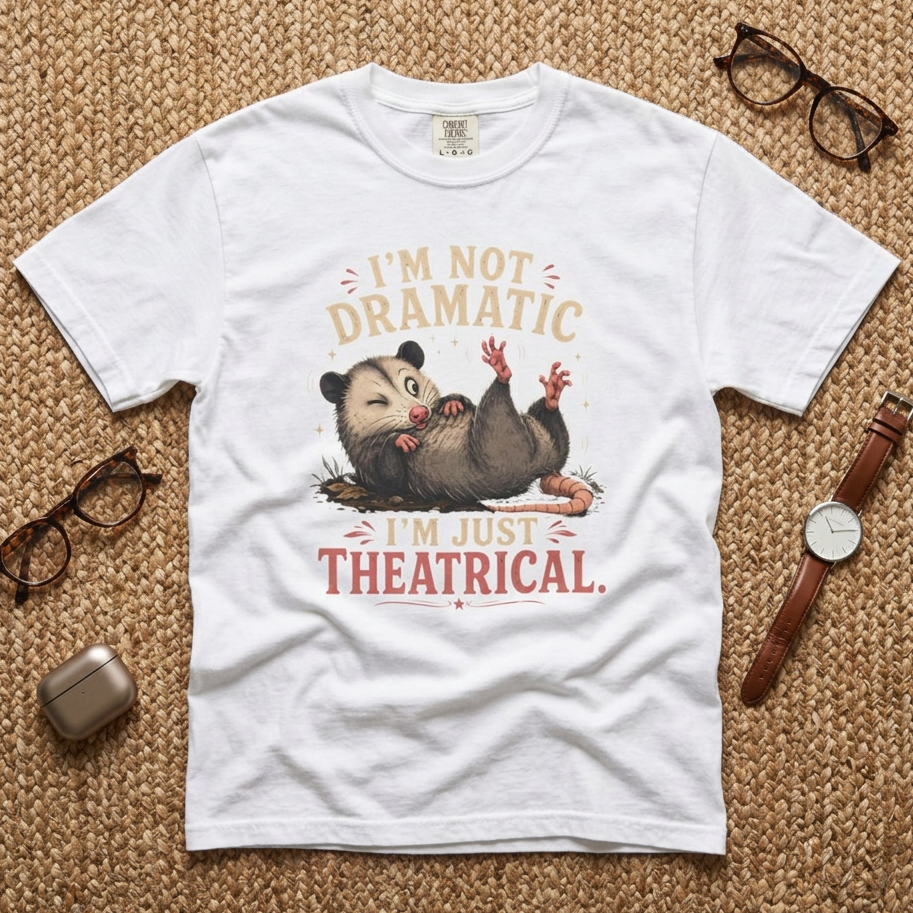 A white graphic t-shirt laid flat on a textured beige woven rug, surrounded by lifestyle props including eyeglasses, a watch, and earbuds case. The t-shirt features a cartoon opossum graphic with the text 'I'M NOT DRAMATIC I'M JUST THEATRICAL.