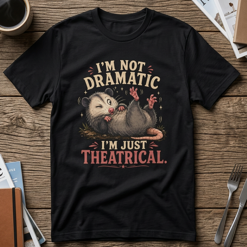 A black graphic t-shirt laid flat on a rustic wooden table, surrounded by lifestyle props including a coffee mug, notebooks, and silverware. The t-shirt features a humorous graphic of an opossum rolling over with the text 'I'M NOT DRAMATIC I'M JUST THEATRICAL.