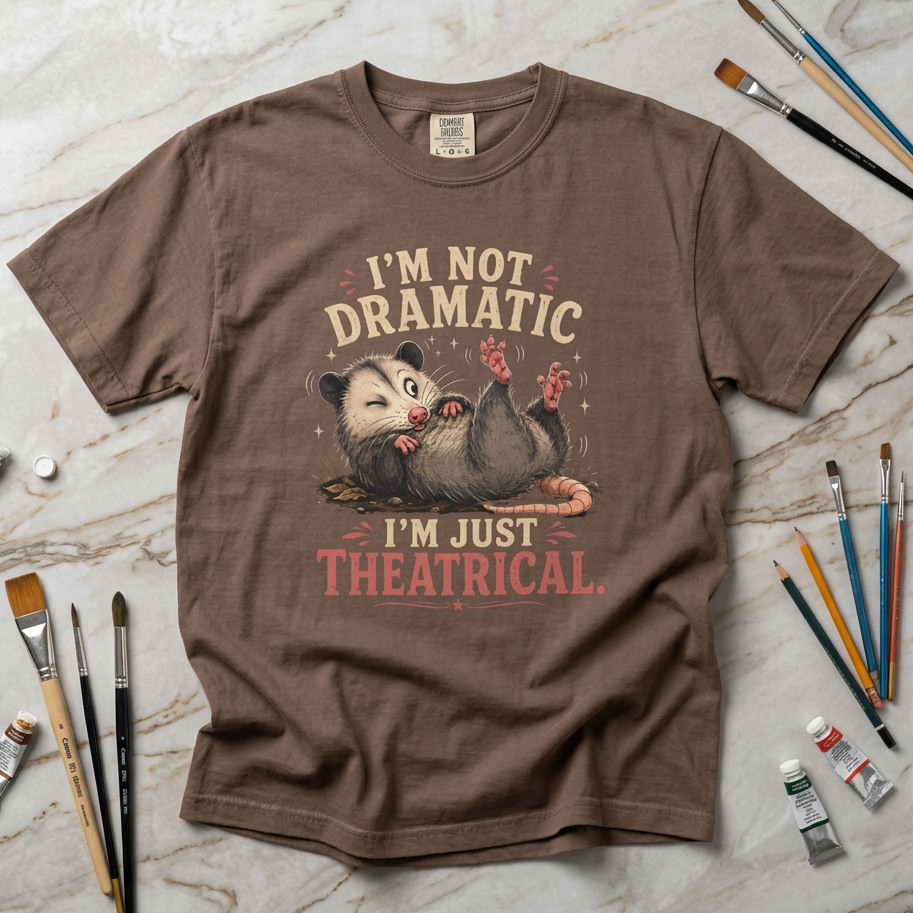 A brown graphic t-shirt featuring a cartoon opossum and the text 'I'M NOT DRAMATIC I'M JUST THEATRICAL.' in a vintage-style font.
