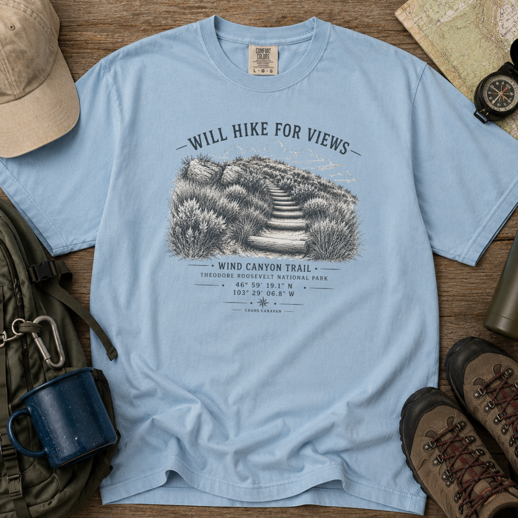 Will Hike For Views T-Shirt — Wind Canyon Trail Graphic Tee