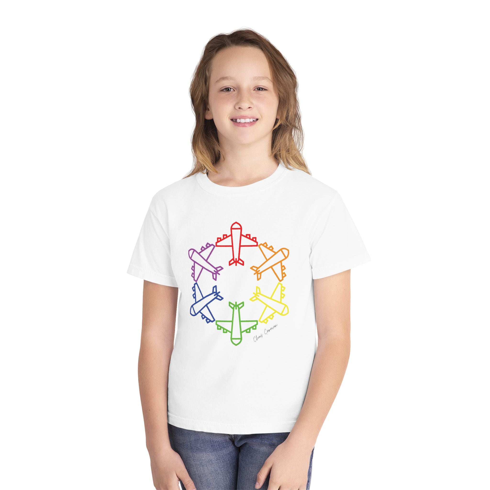 Rainbow Airplane Youth Tee | Kids Aviation Shirt | Boys Airplane T-Shirt | Girls Airplane T-Shirt