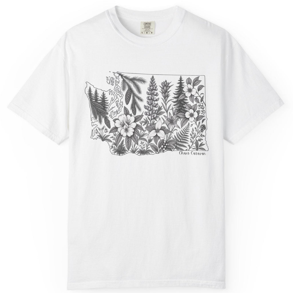 A white short-sleeve crewneck t-shirt featuring a black line art graphic of the state outline of Washington filled with botanical illustrations and the text 'chaos caravan' below, displayed on a clean white background.