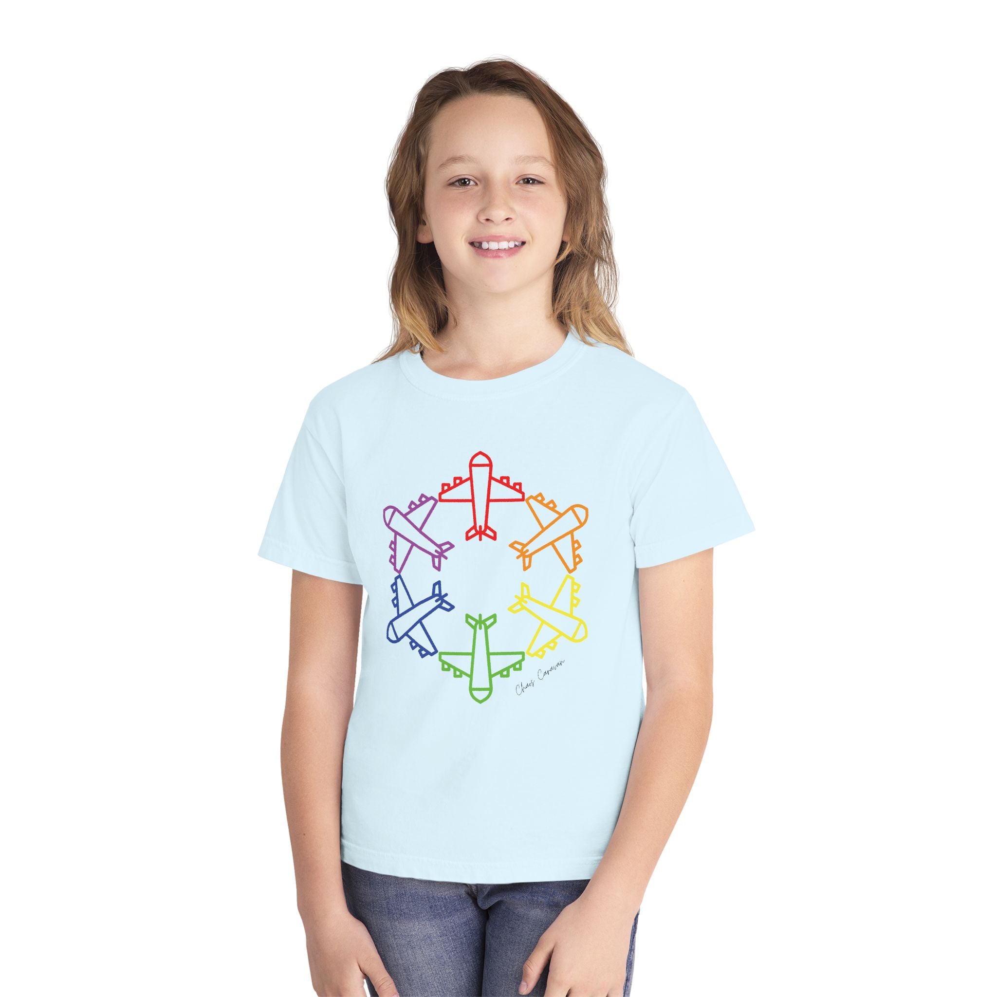 Rainbow Airplane Youth Tee | Kids Aviation Shirt | Boys Airplane T-Shirt | Girls Airplane T-Shirt