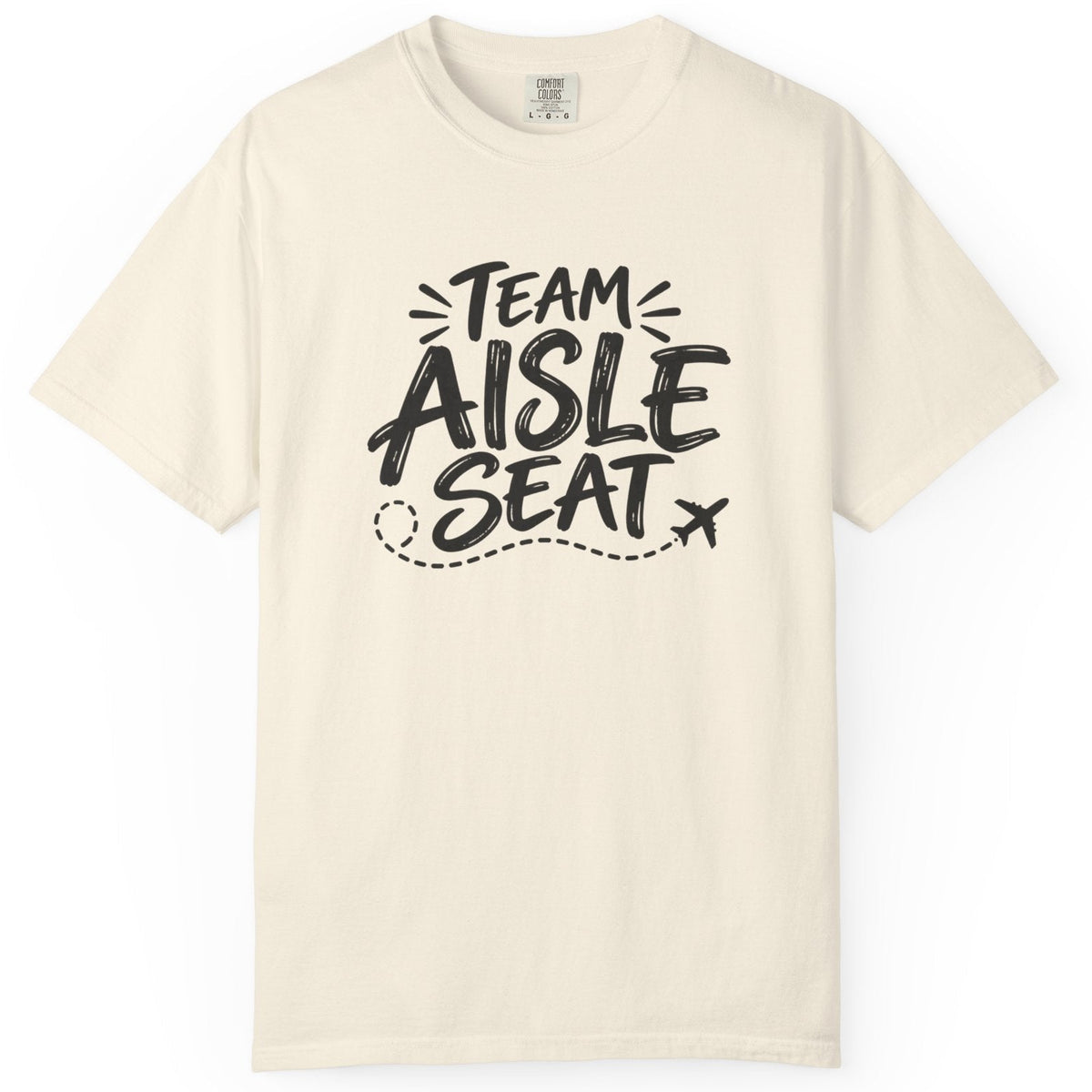 An off-white crewneck t-shirt with a black graphic print reading 'TEAM AISLE SEAT' in a hand-drawn style, displayed on a clean white background.