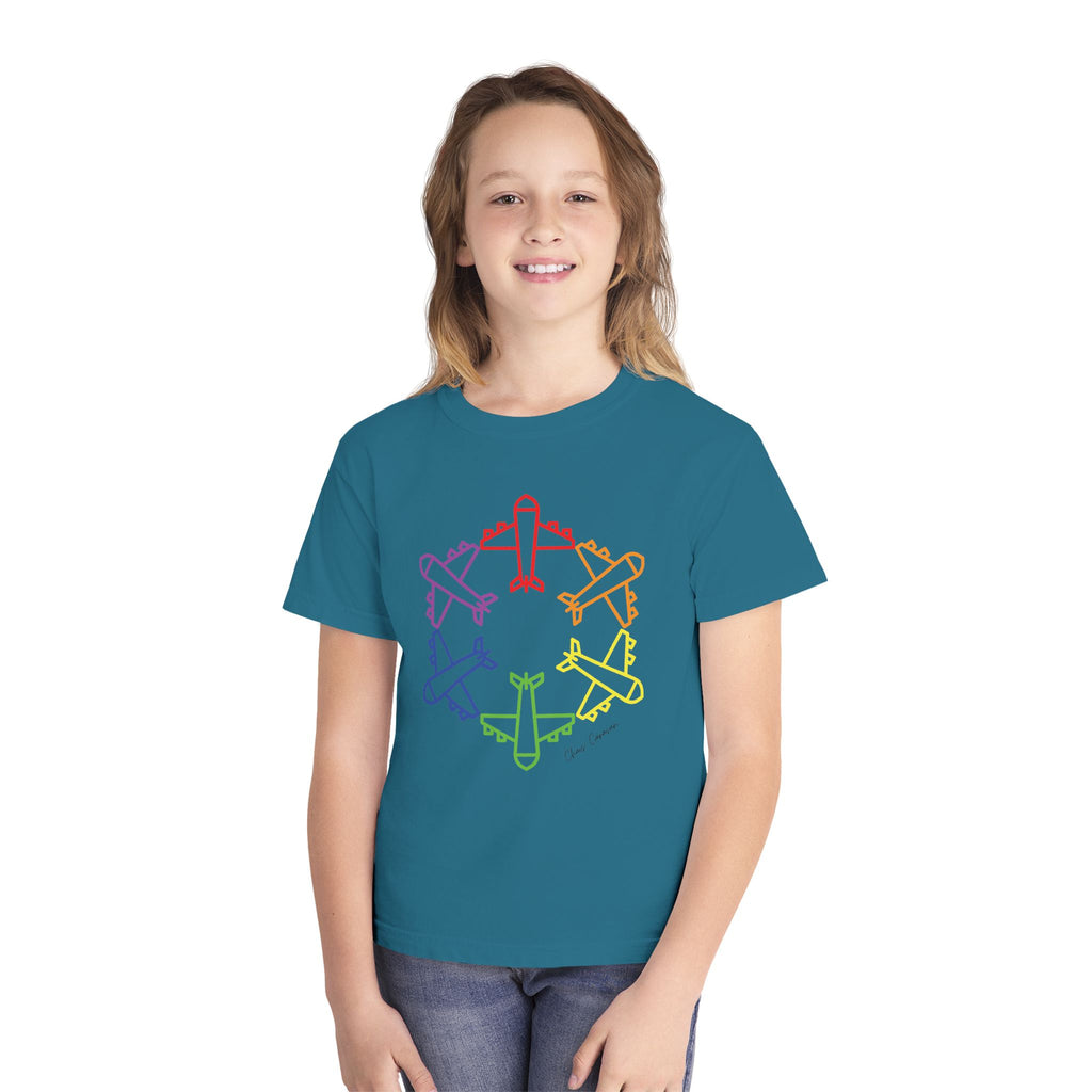 Rainbow Airplane Youth Tee | Kids Aviation Shirt | Boys Airplane T-Shirt | Girls Airplane T-Shirt