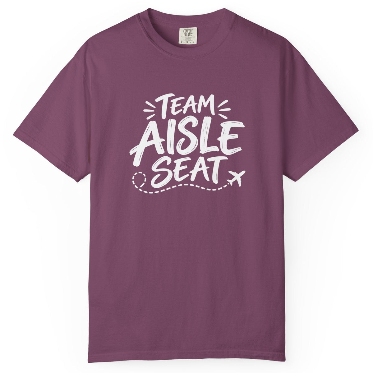 A short-sleeve crewneck t-shirt in a dusty plum purple color, featuring a white graphic print on the front that reads 'TEAM AISLE SEAT' with a small airplane illustration.