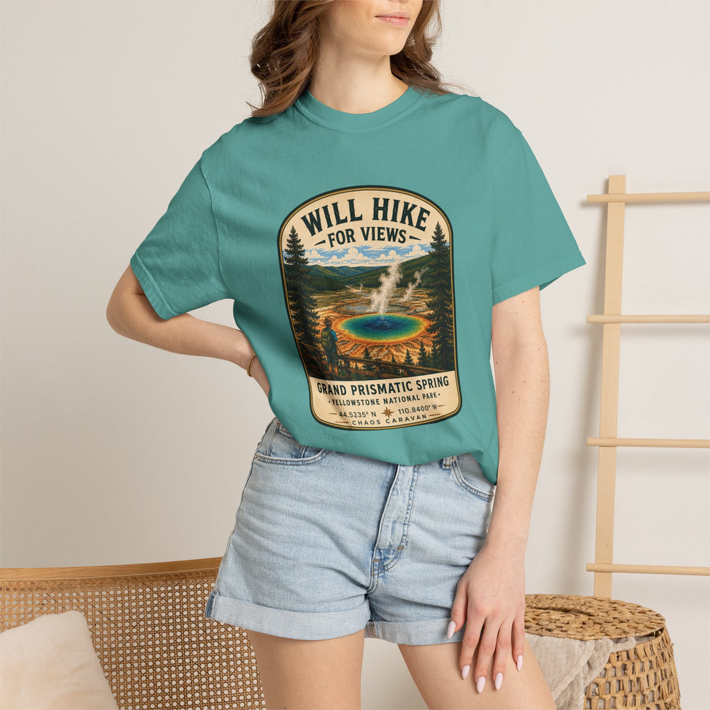 Grand Prismatic Spring T-Shirt — "Will Hike for Views" Adventure Tee