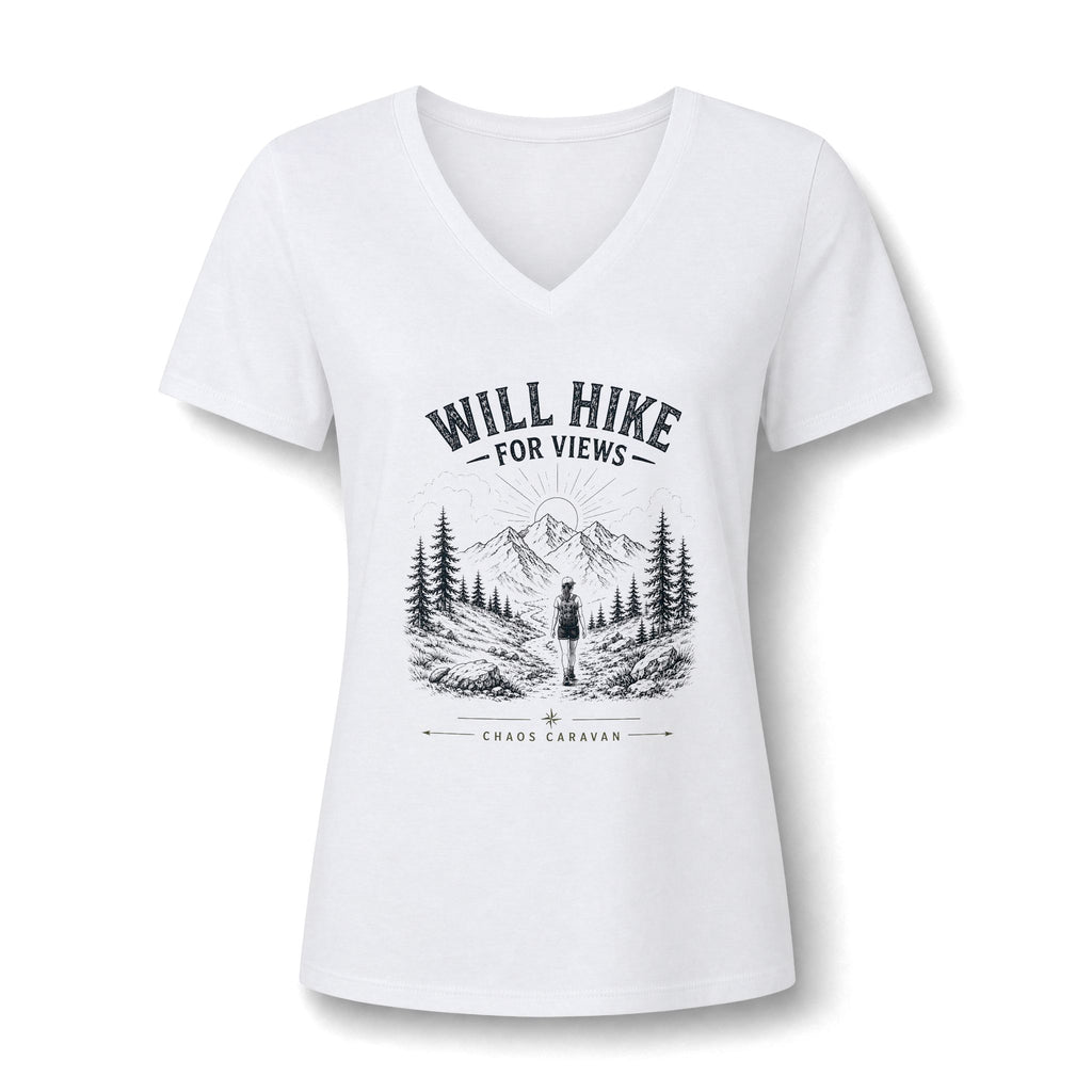 Will Hike For Views Graphic Tee | Hiking Mountain Forest V-Neck