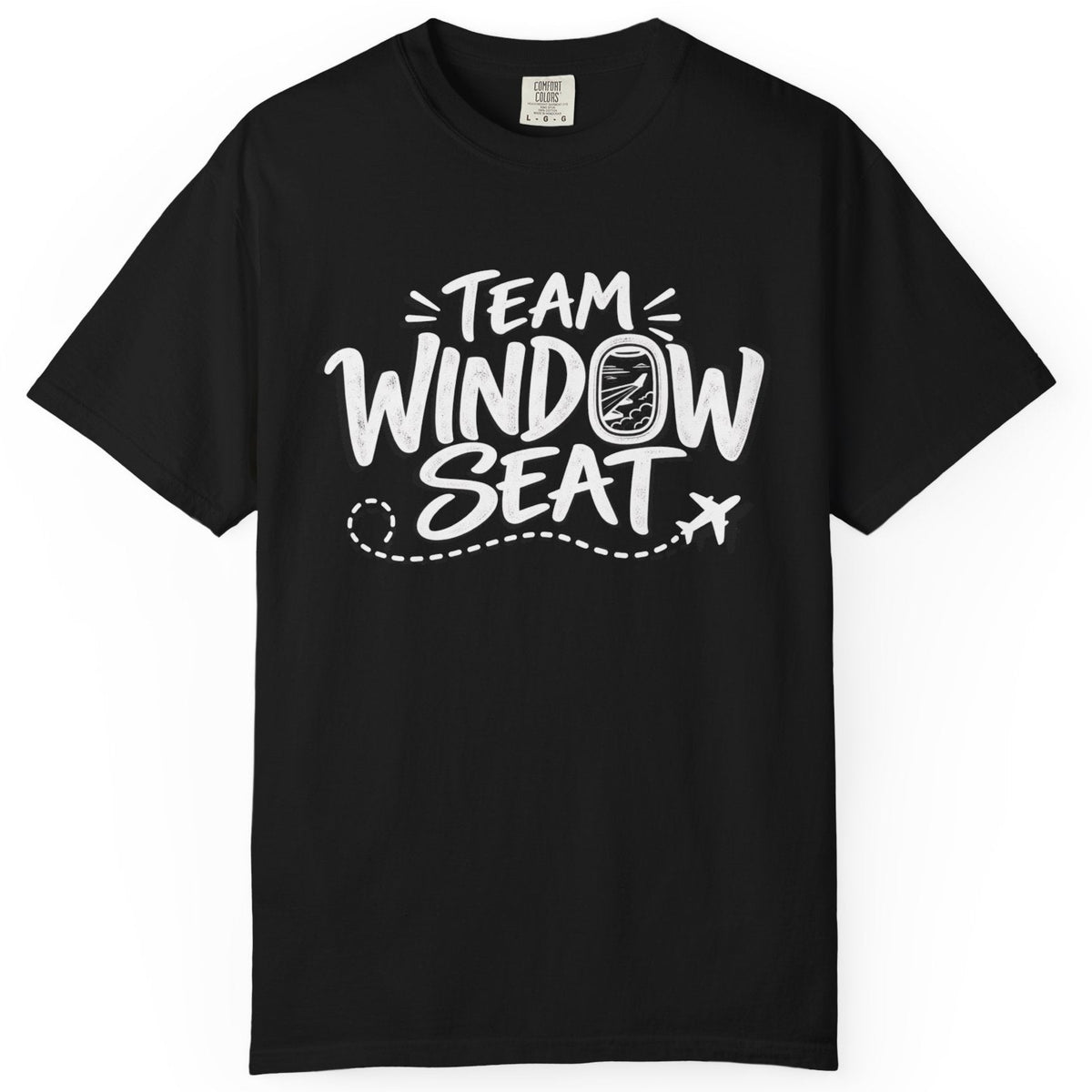 Black t-shirt with 'Team Window Seat' on a white background