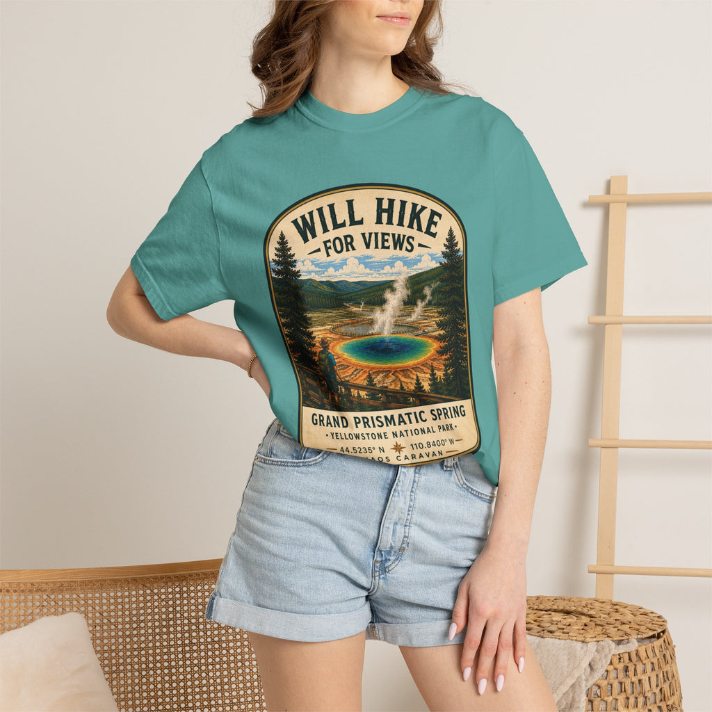 Grand Prismatic Spring T-Shirt — "Will Hike for Views" Adventure Tee
