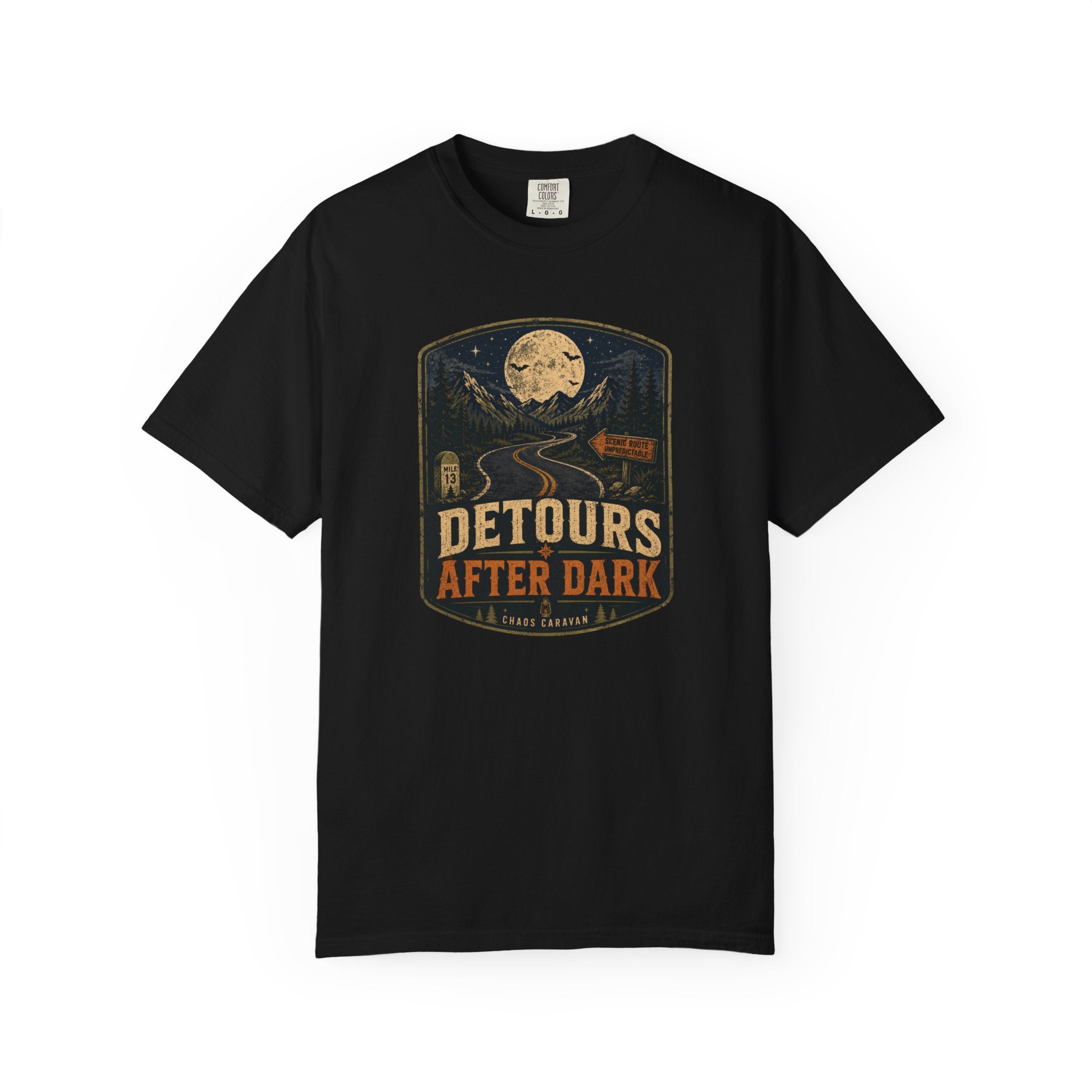 Detours After Dark Graphic T-Shirt — Vintage Moonlit Road Adventure Halloween Tee