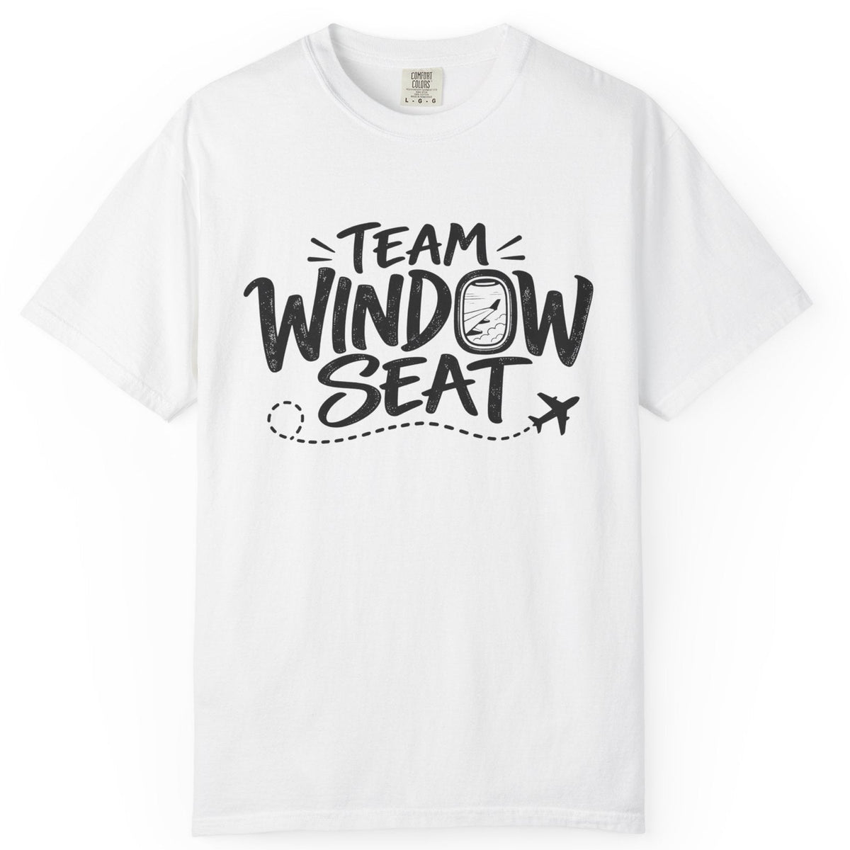 A white short-sleeve crewneck t-shirt with a black graphic print on the front reading 'TEAM WINDOW SEAT' with a small airplane and dotted line detail, displayed on a clean white background.