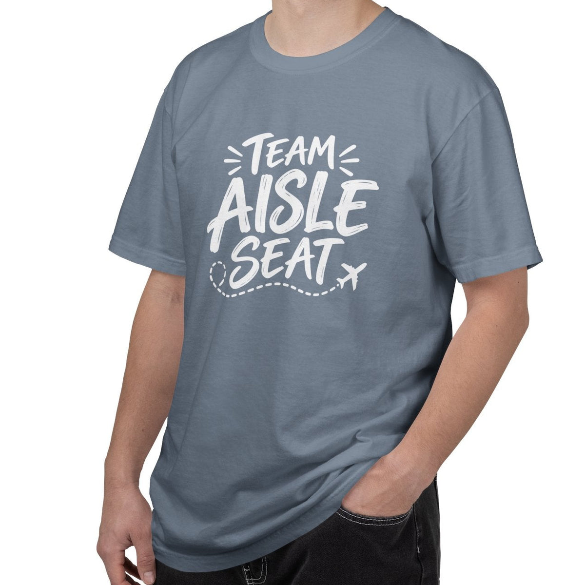 Man wearing a gray t-shirt with text 'TEAM AISLE SEAT' on a white background