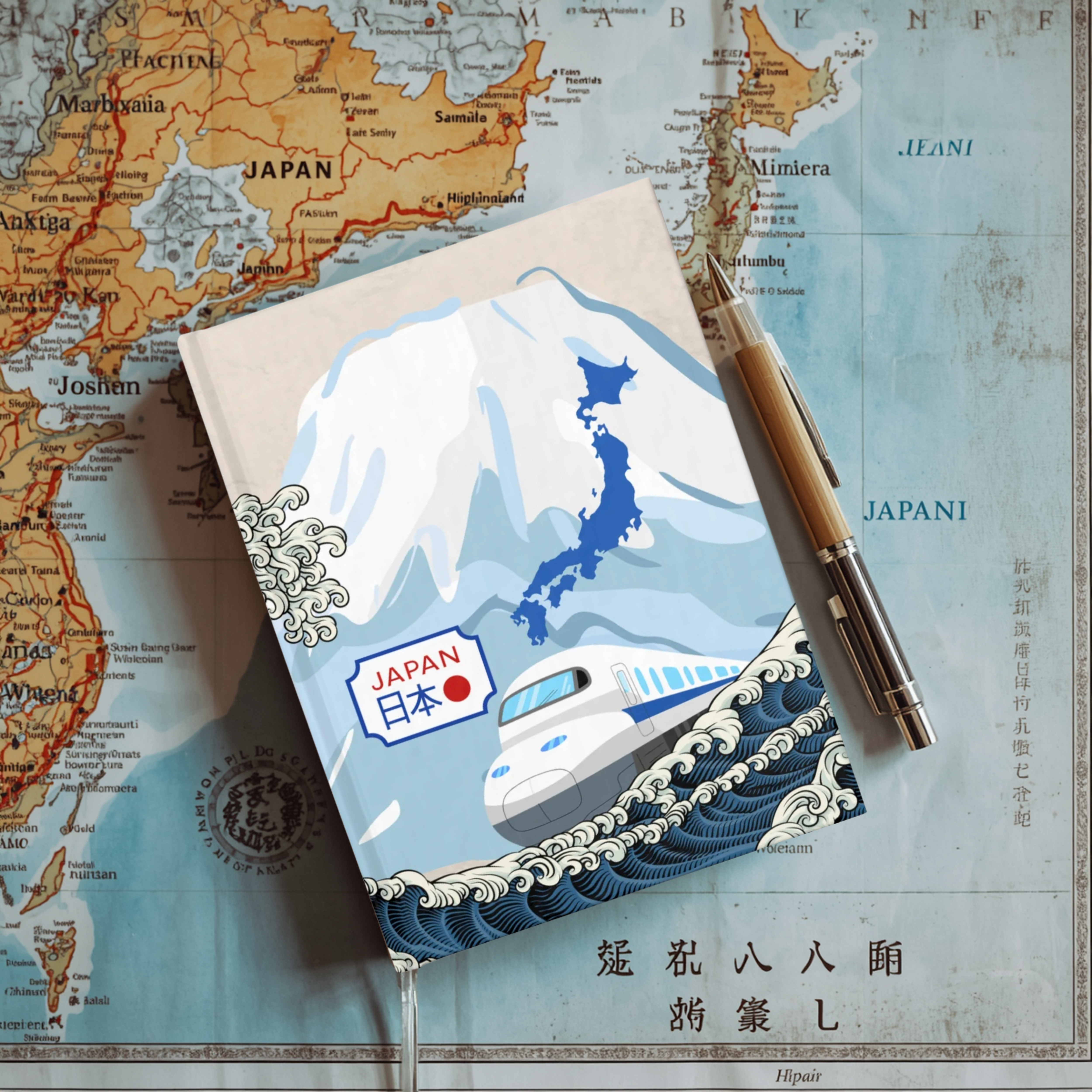 Notebook with Japanese train design on a world map