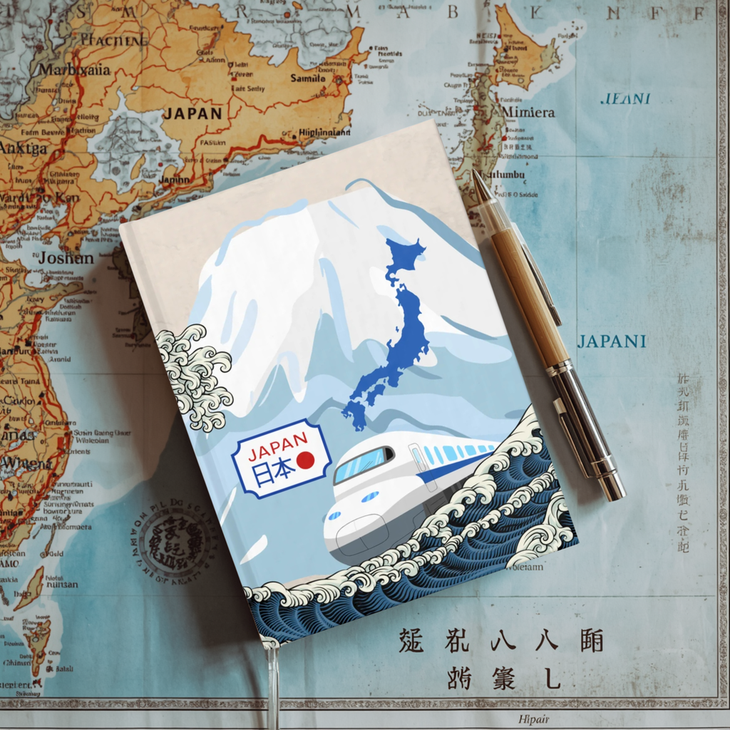 Notebook with Japanese train design on a world map